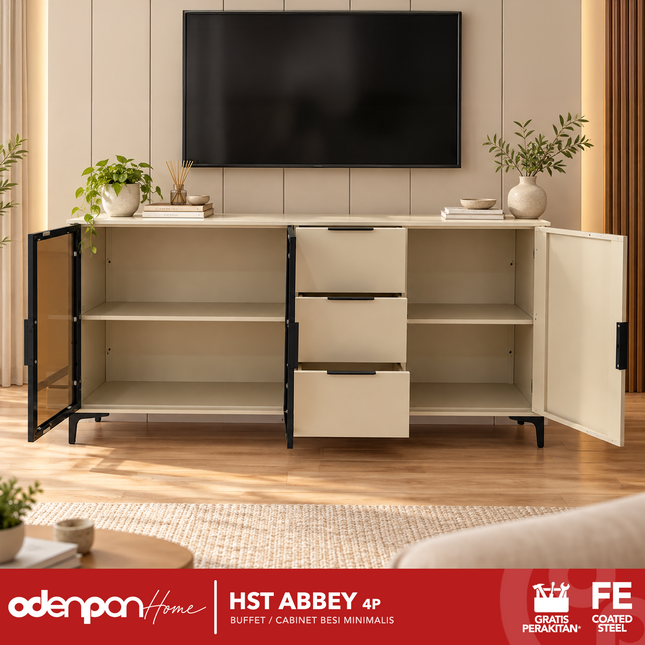 AVERY - HST ABBEY 4P Diswar / Cabinet / Buffet Besi Minimalis Dengan Pintu Kaca