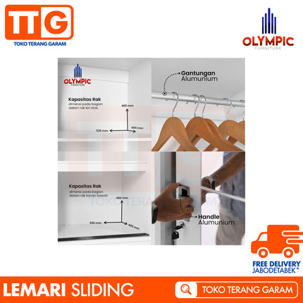 OLYMPIC - WSD PALAZIO Lemari Pakaian / Baju 2 Pintu Sliding Jumbo Dengan Cermin