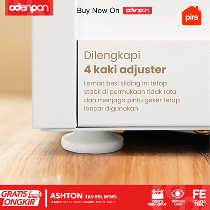 PIRA - ASHTON 160 SSL MWD Lemari Pakaian / Baju 3 Pintu Besi Sliding Jumbo Motif Kayu