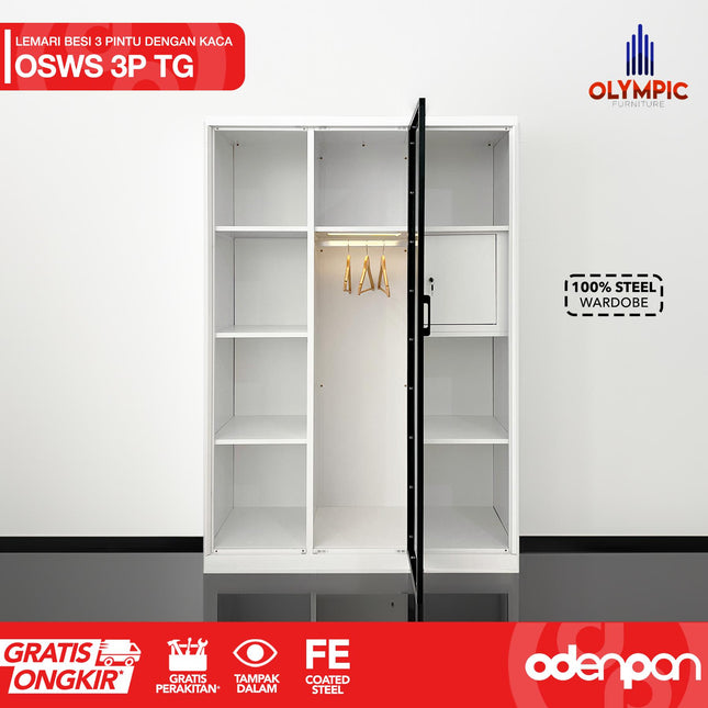 OLYMSTEEL - OSWS 3P TG Lemari Pakaian Baju 3 Pintu Kaca Tempered Glass Swing