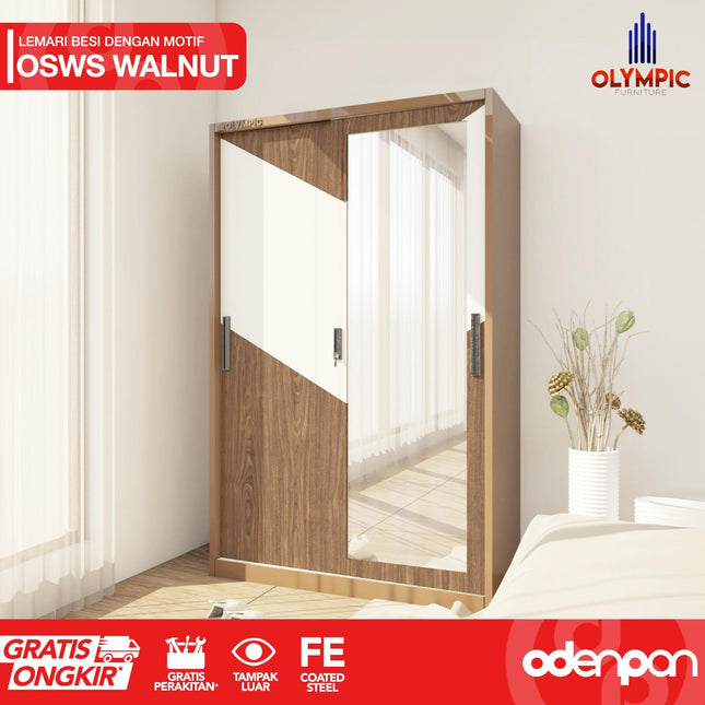 OLYMSTEEL - OSWS WALNUT Lemari Pakaian Baju 2 Pintu Besi Sliding Dengan Cermin