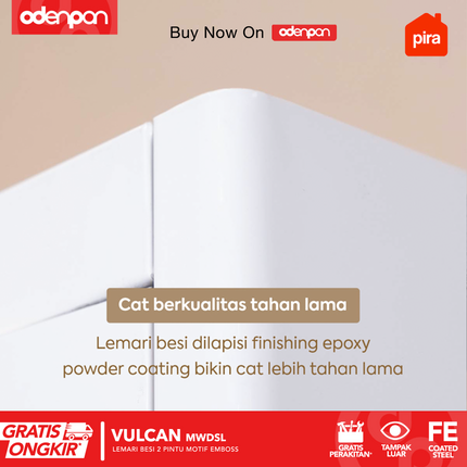 PIRA - VULCAN Lemari Pakaian / Baju 2 Pintu Besi Sliding Motif 3D Emboss Dengan Cermin