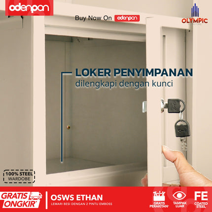 OLYMSTEEL - OSWS ETHAN Lemari Pakaian Baju 2 Pintu Besi Sliding Pintu 3D Emboss