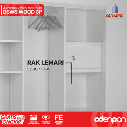 OLYMSTEEL - OSWS 3P WOOD Lemari Pakaian Baju 3 Pintu Besi Dengan Motif Kayu