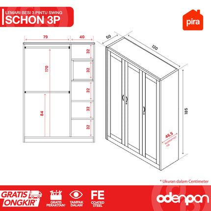 PIRA - SCHON 3P Lemari Pakaian Baju 3 Pintu Besi Pintu Swing