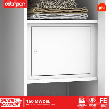 PIRA - 160 MWDSL Lemari Pakaian / Baju 3 Pintu Besi Sliding Jumbo Dengan Cermin 160 cm