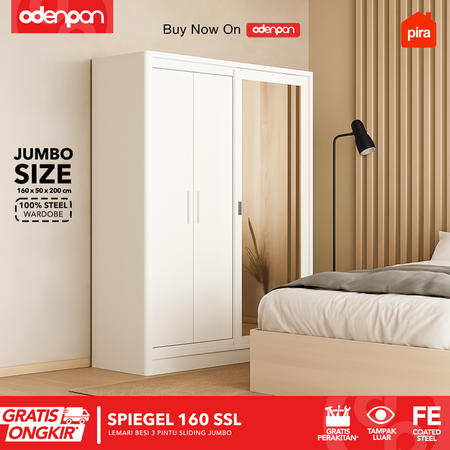 PIRA - SPIEGEL 160 SSL MWD Lemari Pakaian / Baju 3 Pintu Besi Sliding Jumbo