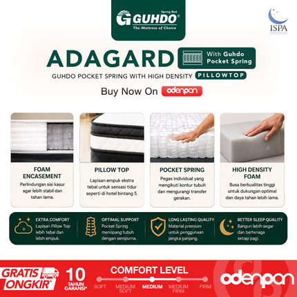 GUHDO - ADAGARD PILLOW TOP Kasur Spring Bed Pocket Coil Dengan Plush Pillow Top
