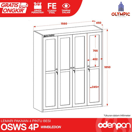 OLYMSTEEL - OSWS WIMBLEDON 4P Lemari Pakaian Baju 4 Pintu Swing Besi