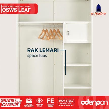 OLYMSTEEL - OSWS LEAF Lemari Pakaian Baju 2 Pintu Besi Sliding Putih Dengan Cermin