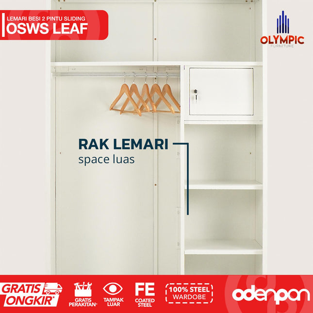 OLYMSTEEL - OSWS LEAF Lemari Pakaian Baju 2 Pintu Besi Sliding Putih Dengan Cermin