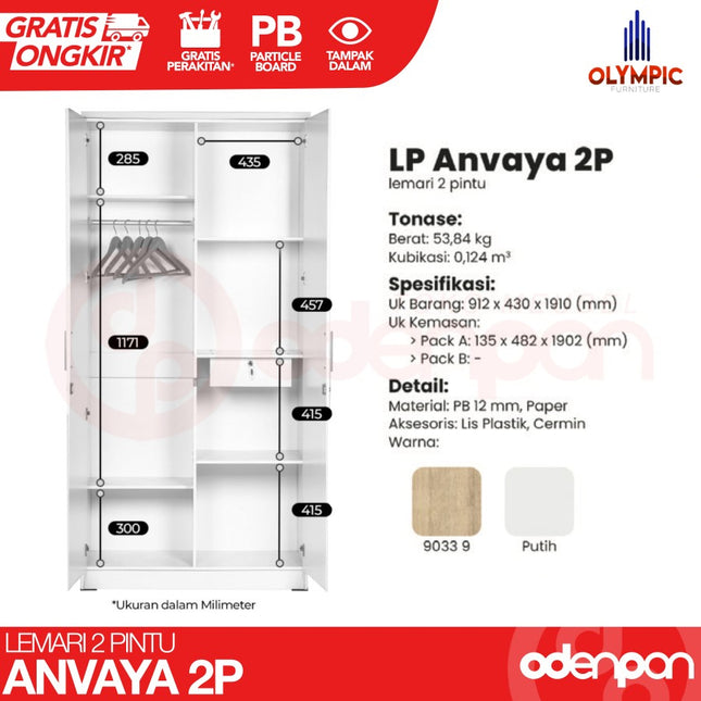 OLYMPIC - ANVAYA 2P Lemari Pakaian / Baju 2 Pintu Jumbo Dengan Cermin