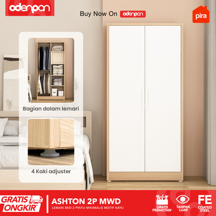 PIRA - ASHTON 2P Lemari Pakaian Baju 2 Pintu Besi Pintu Swing Motif Kayu