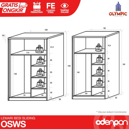 OLYMSTEEL - OSWS ALBA Lemari Pakaian Baju 2 Pintu Besi Sliding Putih Dengan Cermin