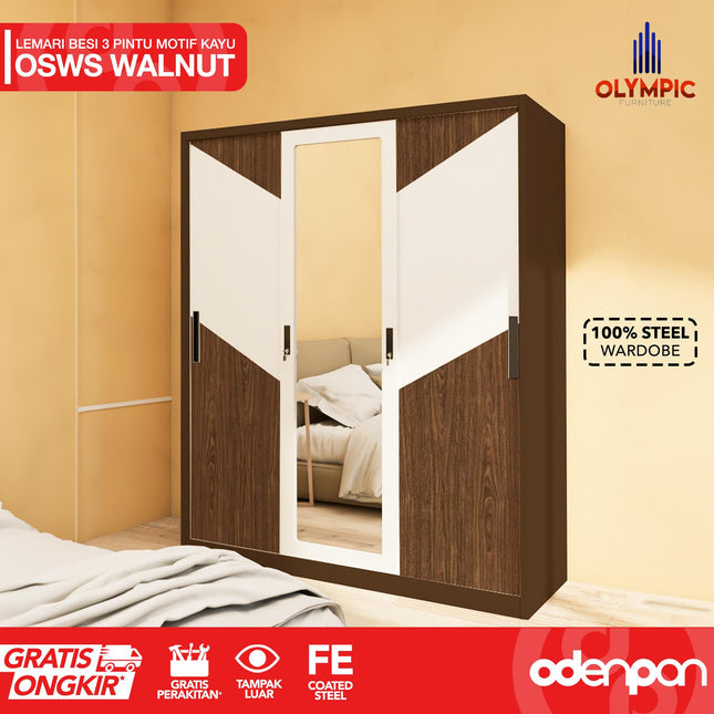 OLYMSTEEL - OSWS 3P WOOD Lemari Pakaian Baju 3 Pintu Besi Dengan Motif Kayu