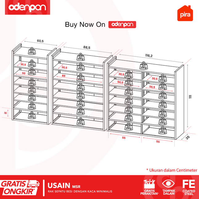 PIRA - USAIN MSR Lemari / Rak Sepatu Besi Minimalis Dengan Pintu Kaca