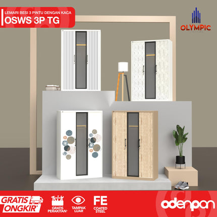 OLYMSTEEL - OSWS 3P TG Lemari Pakaian Baju 3 Pintu Kaca Tempered Glass Swing