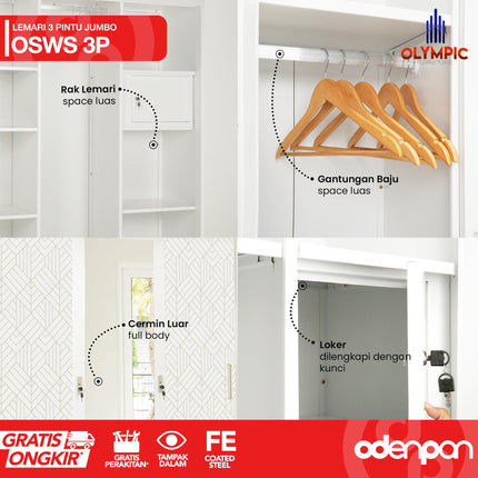 OLYMSTEEL - OSWS 3P Lemari Pakaian Baju 3 Pintu Besi Jumbo Dengan Cermin