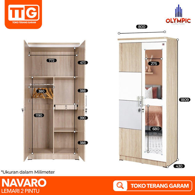 OLYMPIC - NAVARO 2P Lemari Pakaian / Baju 2 Pintu Dengan Cermin