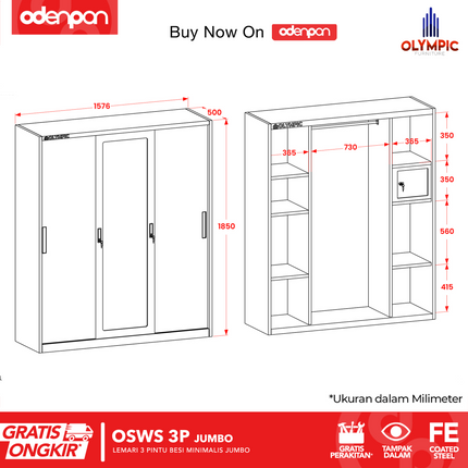 OLYMSTEEL - OSWS 3P Lemari Pakaian Baju 3 Pintu Besi Jumbo Dengan Cermin