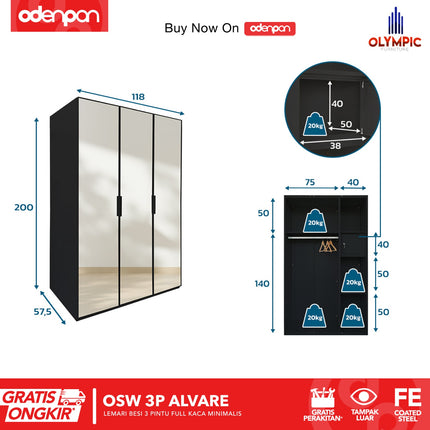 OLYMSTEEL - OSW 3P ALVARE Lemari Pakaian Baju 3 Pintu Besi Jumbo Pintu Swing Full Cermin