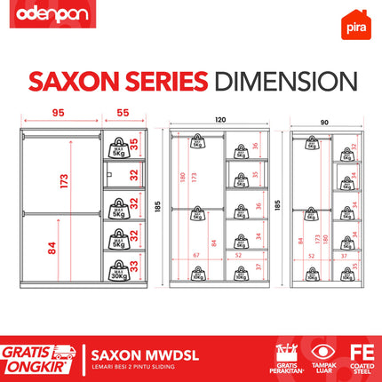 PIRA - SAXON Lemari Pakaian / Baju 2 Pintu Besi Pintu Sliding Dengan Cermin