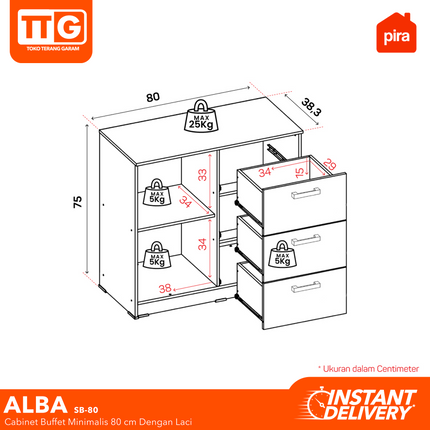 PIRA OX - ALBA BAZ SB80 Lemari Laci Cabinet Drawer Bufet Minimalis 3 Pintu 1 Laci 80 cm