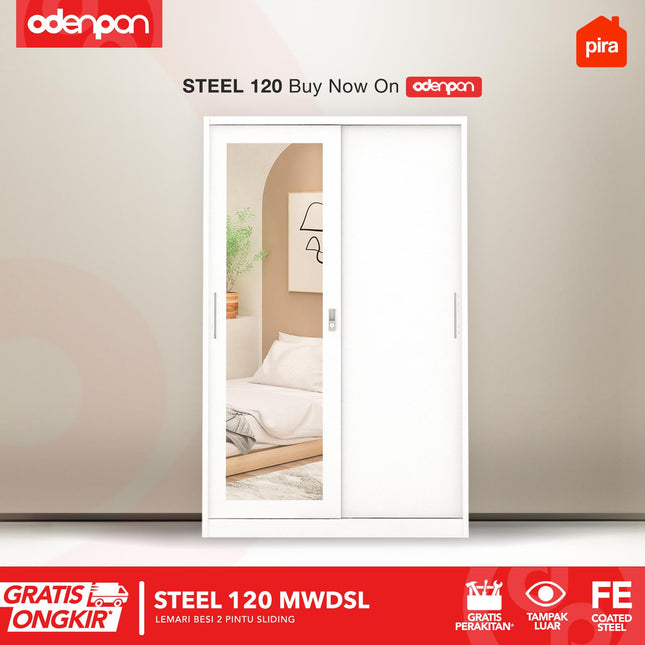 PIRA - STEEL Lemari Pakaian / Baju 2 Pintu Besi Sliding Dengan Cermin
