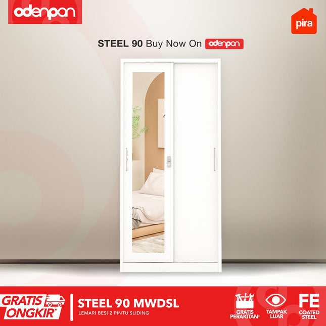 PIRA - STEEL Lemari Pakaian / Baju 2 Pintu Besi Sliding Dengan Cermin
