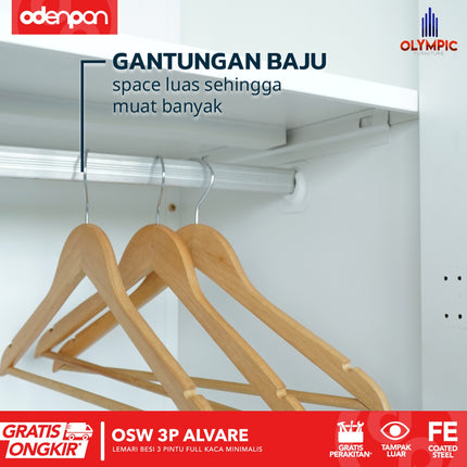 OLYMSTEEL - OSW 3P ALVARE Lemari Pakaian Baju 3 Pintu Besi Jumbo Pintu Swing Full Cermin