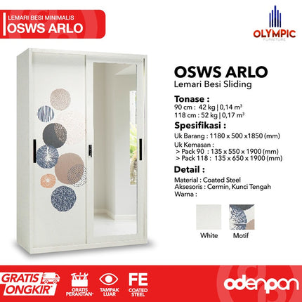 OLYMSTEEL - OSWS ARLO Lemari Pakaian Baju 2 Pintu Besi Sliding Dengan Cermin