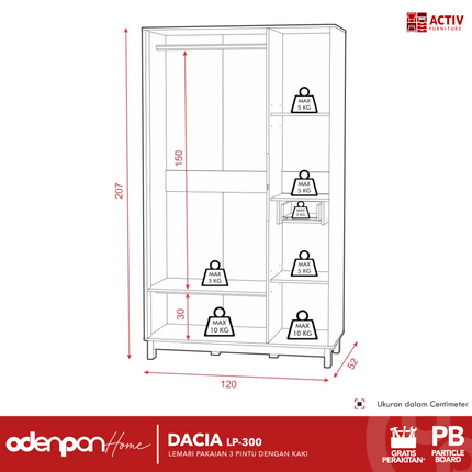 ACTIV CREATIV - DACIA LP 300 Lemari Pakaian / Baju 3 Pintu Dengan Kaki