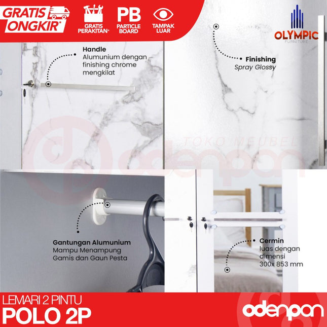 OLYMPIC - POLO 2P Lemari Pakaian / Baju 2 Pintu Jumbo Dengan Cermin