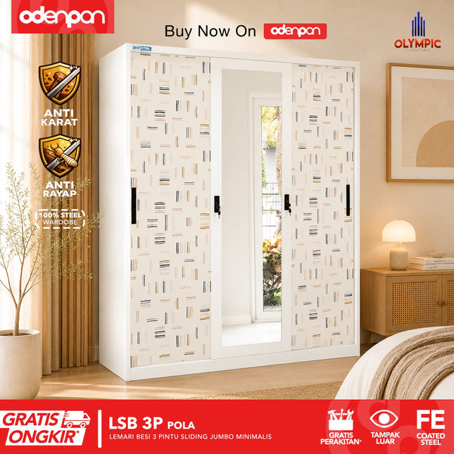 BESTSTEEL - LSB 3P Lemari Pakaian Baju 3 Pintu Besi Jumbo Sliding Minimalis