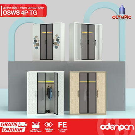 OLYMSTEEL - OSWS 4P TG Lemari Pakaian Baju 4 Pintu Kaca Tempered Glass Swing