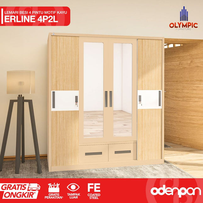 OLYMSTEEL - OSWS 4P2L WOOD Lemari Pakaian Baju 4 Pintu Besi 2 Laci Motif Kayu
