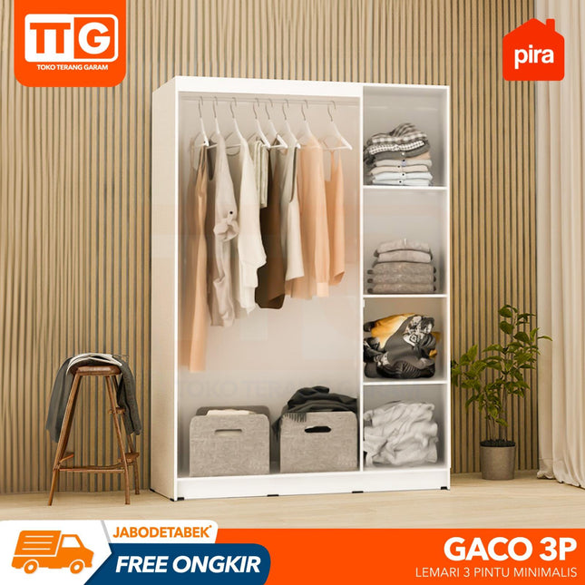 PIRA - GACO 3P Lemari Pakaian / Baju 3 Pintu Gantungan Gamis Dengan Cermin