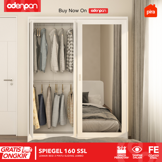 PIRA - SPIEGEL 160 SSL MWD Lemari Pakaian / Baju 3 Pintu Besi Sliding Jumbo