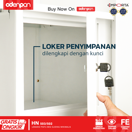 OKELO - HN Lemari Pakaian Baju 2 Pintu Besi Dengan Cermin
