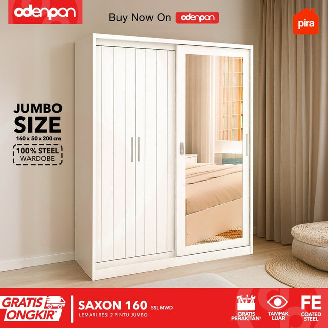 PIRA Lemari Pakaian / Baju 3 Pintu Besi Sliding Jumbo Pintu Swing & Sliding Minimalis Dengan Cermin 160 SSL MWD
