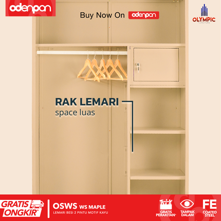 OLYMSTEEL - OSWS WOOD WS Lemari Pakaian Baju 2 Pintu Besi Sliding Motif Kayu