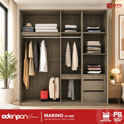 ACTIV AVANTI - MARINO LP 400 Lemari Pakaian / Baju 4 Pintu Jumbo Dengan Cermin