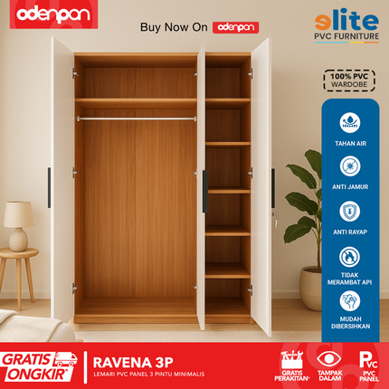 ELITE PVC - RAVENA 3P Lemari UPVC 3 Pintu Swing Motif Kayu