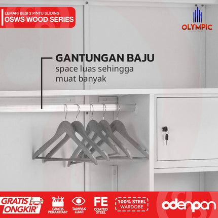 OLYMSTEEL - OSWS WOOD Lemari Pakaian Baju 2 Pintu Besi Sliding Motif Kayu