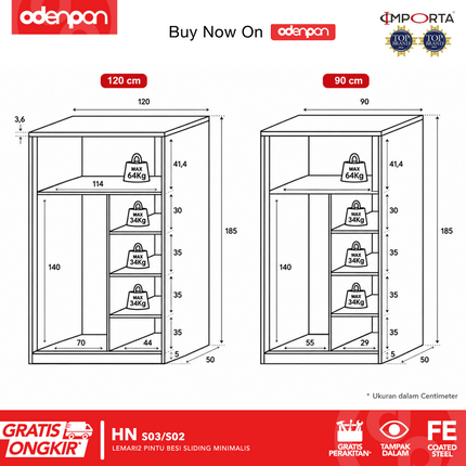 OKELO - HN Lemari Pakaian Baju 2 Pintu Besi Dengan Cermin