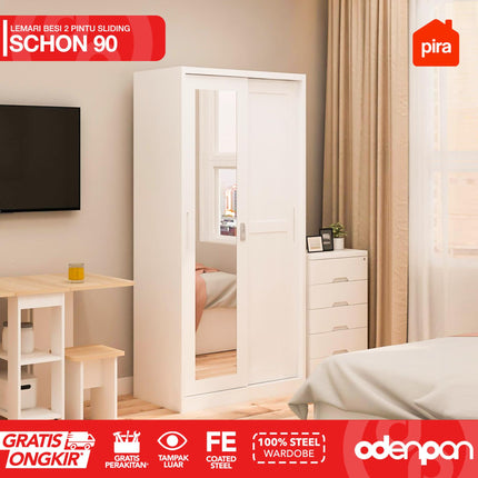 PIRA - SCHON Lemari Pakaian Baju 2 Pintu Besi Sliding Dengan Cermin