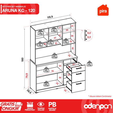 PIRA OX - ARUNA KC 120 Lemari Sayur / Rak Dapur / Kitchen Set Dengan Kaca 120 cm