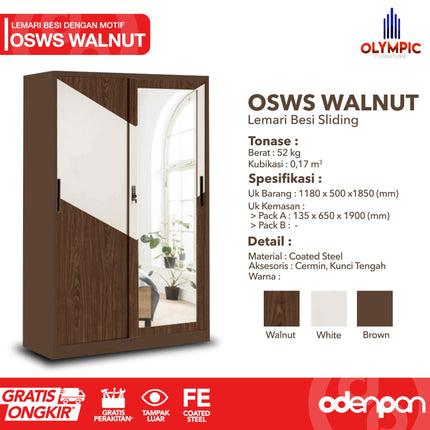 OLYMSTEEL - OSWS WALNUT Lemari Pakaian Baju 2 Pintu Besi Sliding Dengan Cermin