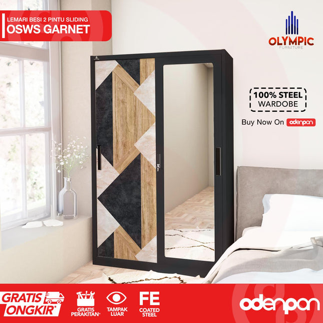 OLYMSTEEL - OSWS WOOD Lemari Pakaian Baju 2 Pintu Besi Sliding Motif Kayu