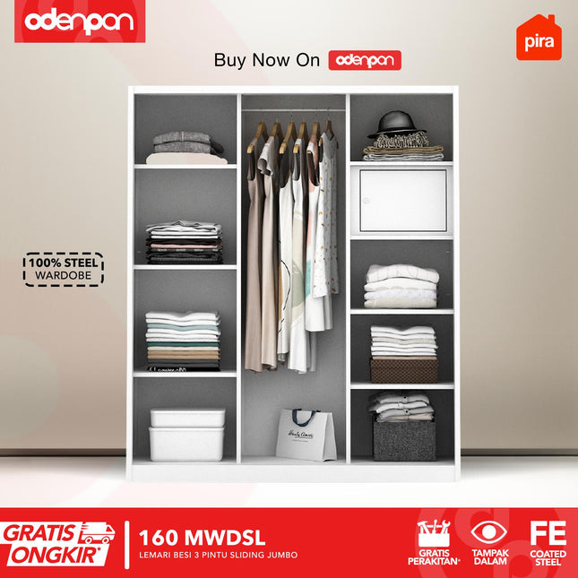 PIRA - 160 MWDSL Lemari Pakaian / Baju 3 Pintu Besi Sliding Jumbo Dengan Cermin 160 cm